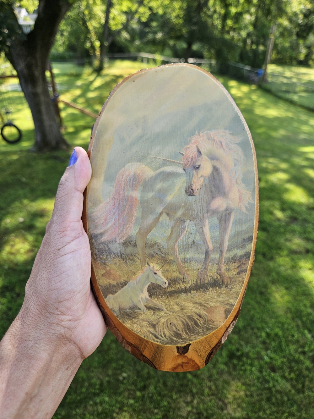 Vtg Pink Unicorn Mom & Baby Wood Slice Home Art Plaque 8.5" x 5" x 1"